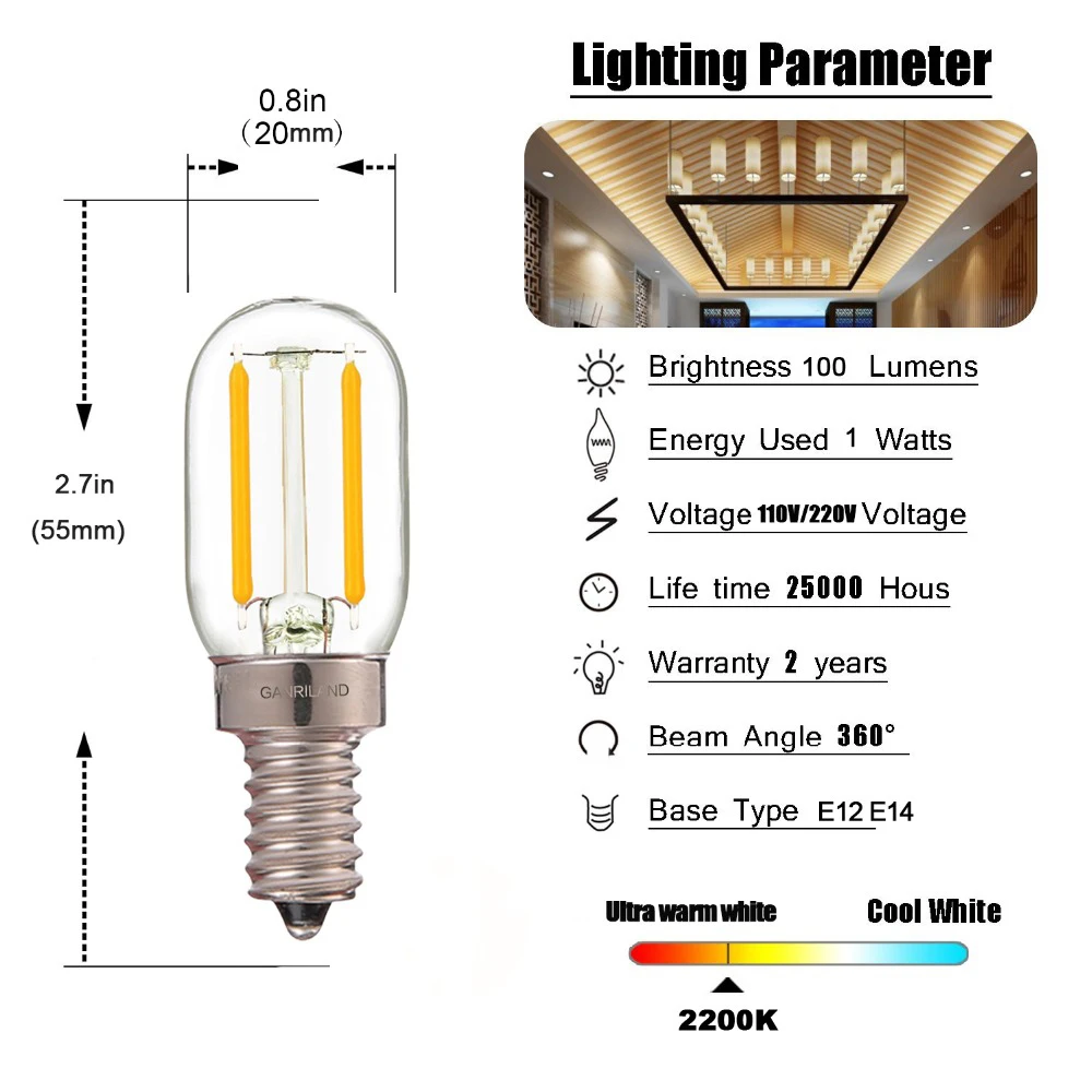 E12 E14 T20 Radio Refrigerator Lamp Retro LED Dimmable Light Bulb 1W 220V Warm 2200K 10W Equivalent Vintage Tube Night Bulb