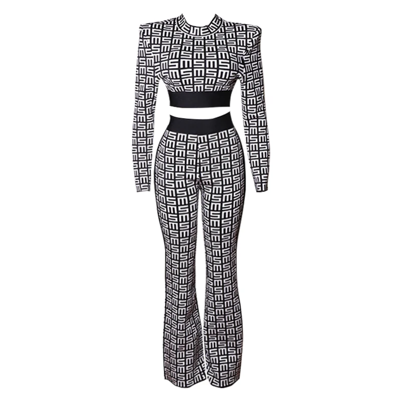 Winter New Female Set Knitted Two-piece Suit Round Neck Long-Sleeved Letter Jacquard Trousers Stretch Bodycon Bandage Set Wome