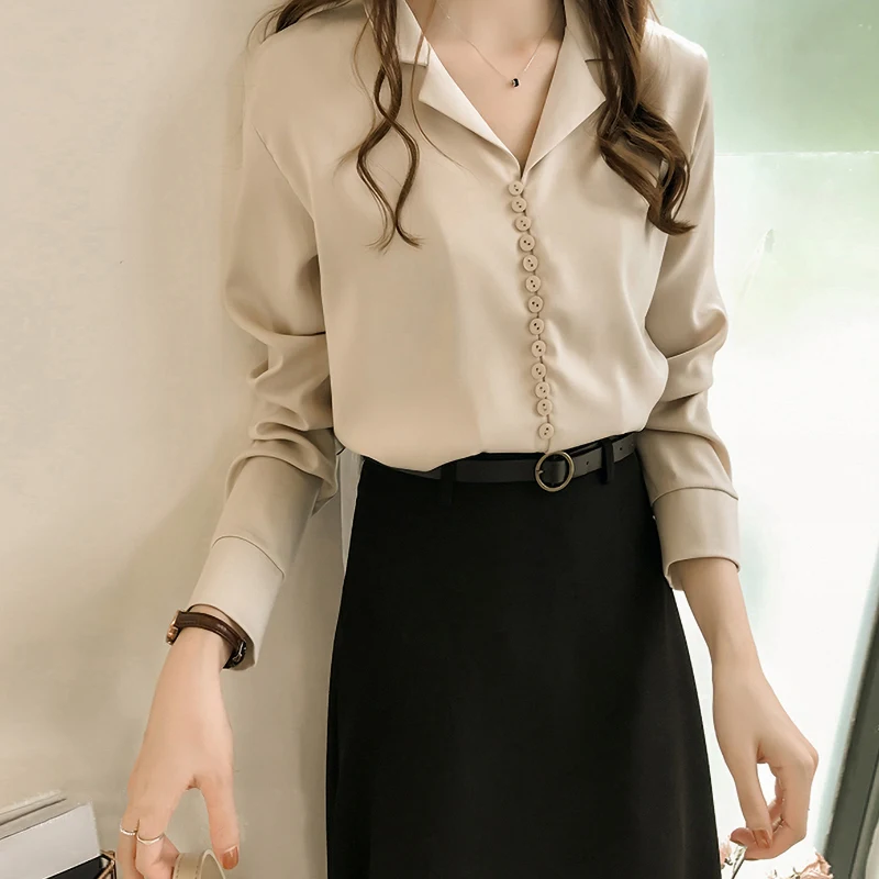 Women Solid Long Sleeve Chiffon Tops Female Casual Turn-down Collar Blouses Office Lady Korean Button Shirts Blusas Mujer