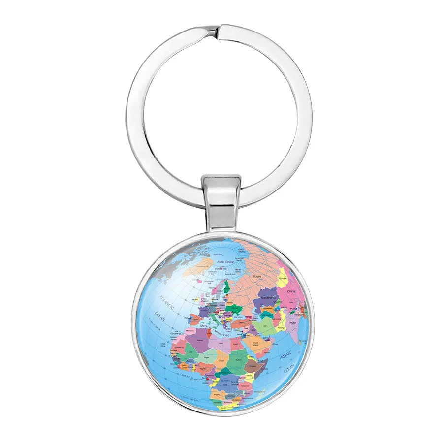 World Map Keychain Travel Exploring Glass Dome Cabachon Aircraft Charm Pendant Keychain Men's and Women's Gift Jewelry Keychain.