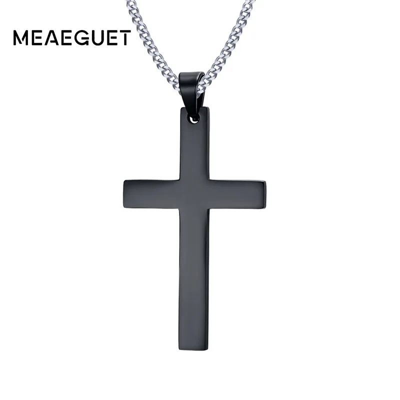 Meaeguet Classic Cross Necklaces For Men Pendant Stainless Steel Black Cruz Necklaces Human Suffering And Hope Symbol 24\