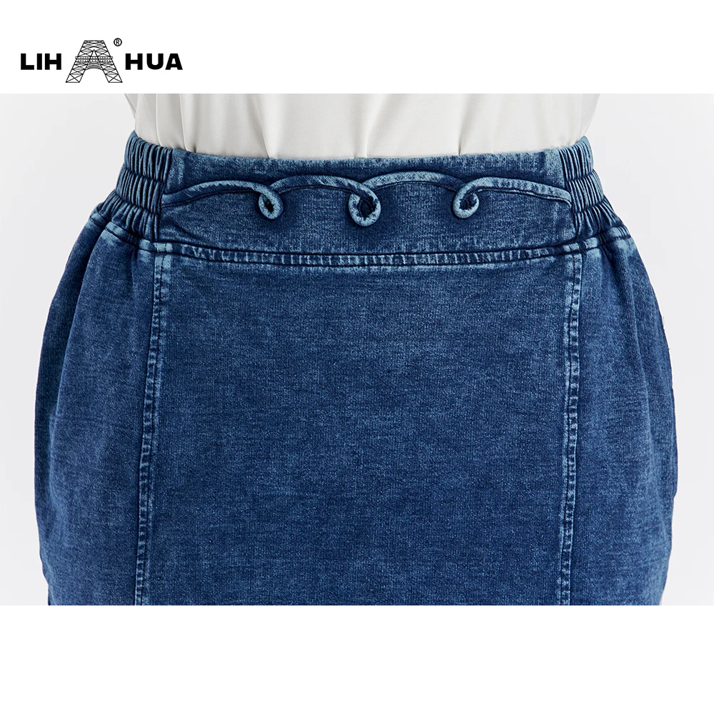 LIH HUA Women\'s Plus Size Denim Skirt Cotton Spring Elastic Fashion Casual Knit Skirt