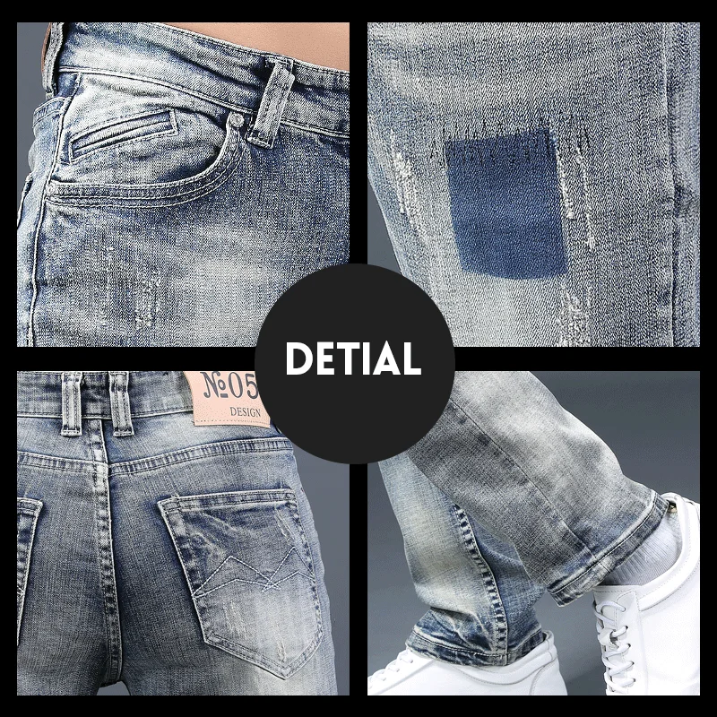 Light Blue Ripped Jeans Men's Cotton Regular Straight Denim Pants Streetwear Distressed Patch Jean Trousers