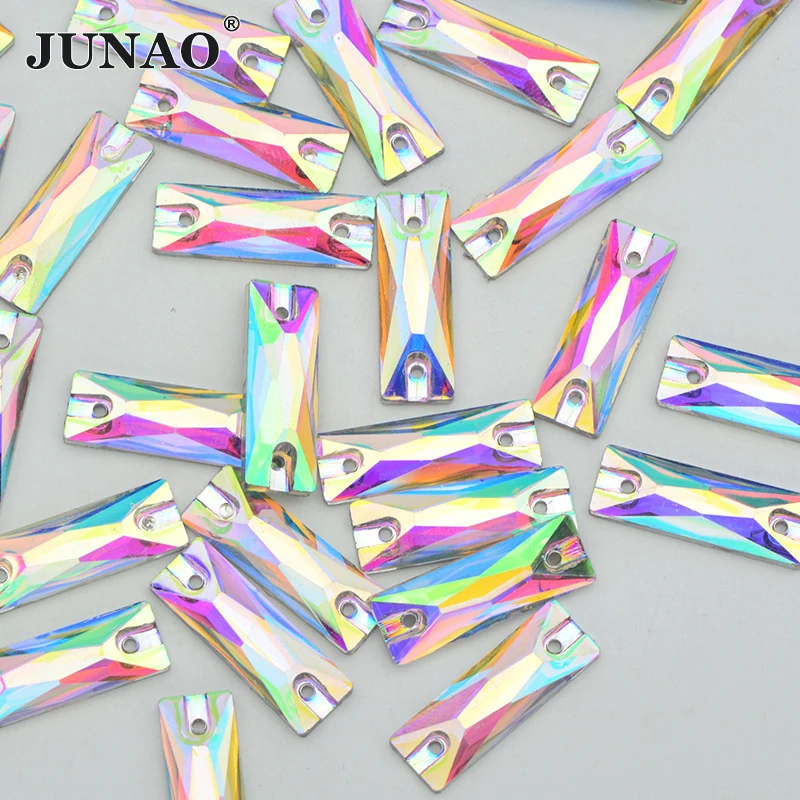 JUNAO 7x21mm Sew On Crystal AB Rectangle Rhinestone Flat Back Crystal Stones Sewing Resin Strass Diamond for Needlework Crafts