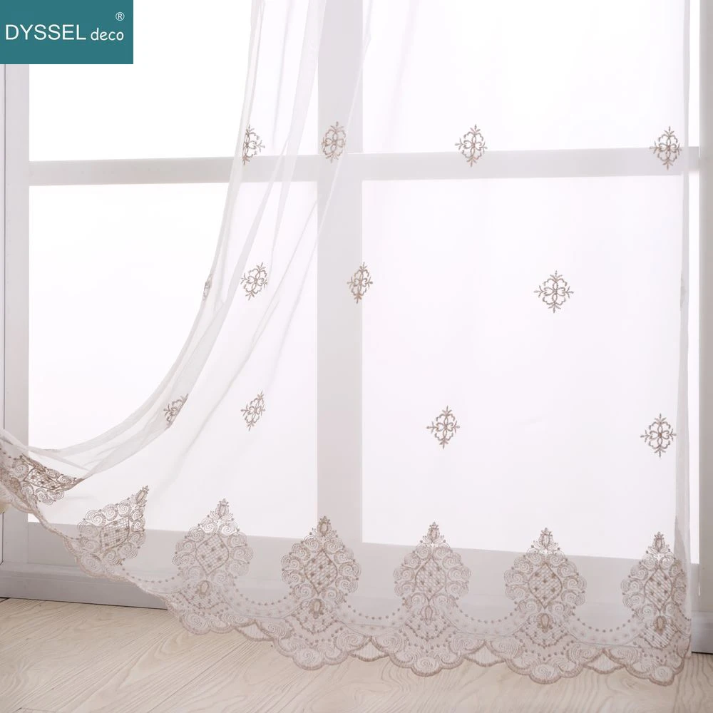 Modern Natural Floral Embroidery Scallop Voile Tulle Sheer Window Curtain Europe Style for Living Room Bedroom