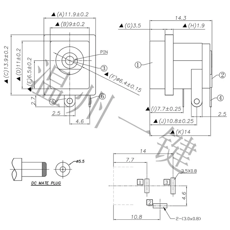 DC-063 3pins Outer diameter  DC Power Jack Socket Female Panel Mount Connector