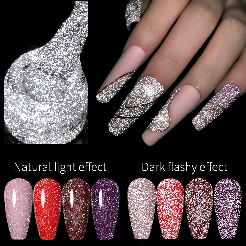 LILY'CUTE 7ml Reflective Top Coat Sparking Glitter Dark Flash  Gel Nail Polish Soak Off UV LED Nail Art Design Varnish Manicure
