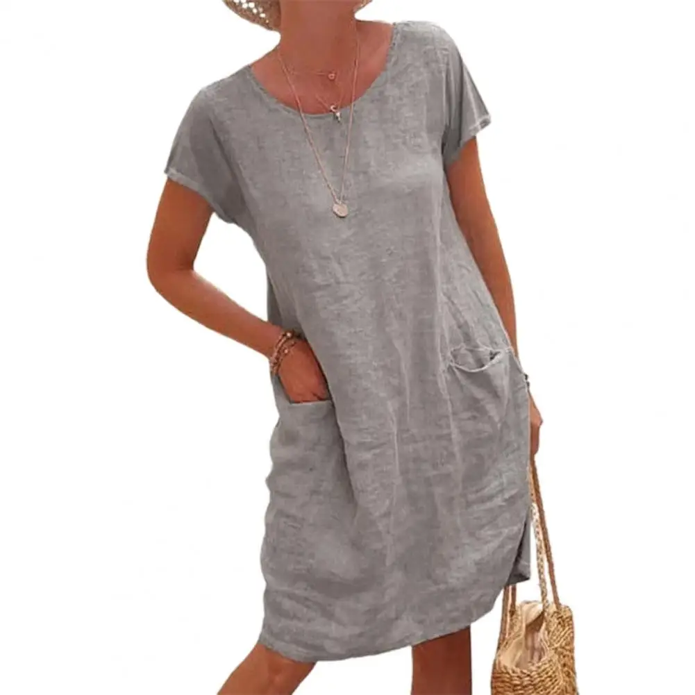 Loose Women Dress Vintage Solid Color Summer Dress Short Sleeve Round Neck Knee Length Dresses