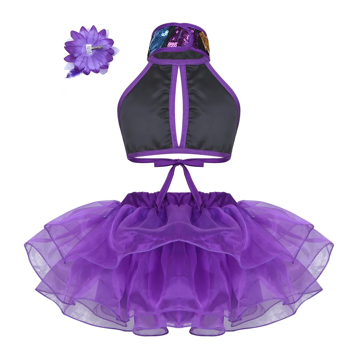 Kid Mädchen Dance Kostüm für Ballett Jazz Dance Bühne Leistung Halfter Glänzenden Pailletten Crop Top mit Tutu Kleid und Haar clip