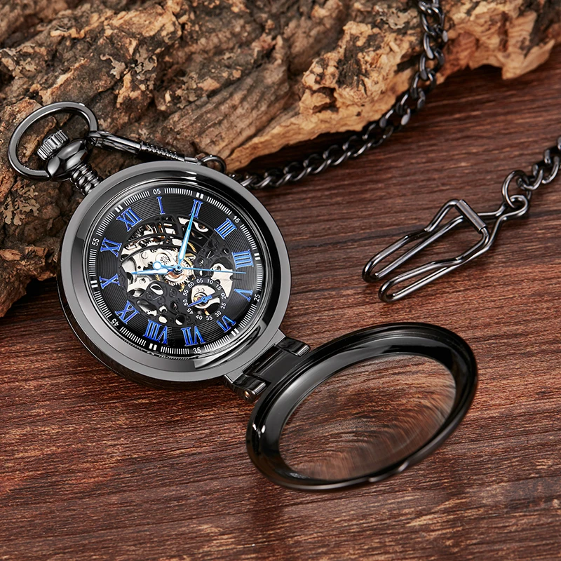 Stand on Table Mechanical Pocket Watch for Men Vintage Skeleton Roman Numeral Reloj Flip Fob Chain Pendant Mechanisch zakhorloge