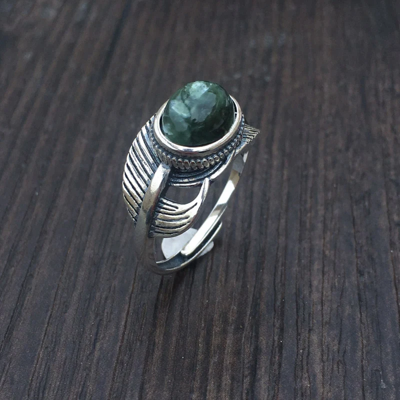 CSJ Natural Seraphinite Feather Shape Ring 925 Sterling Silver Oval Cut 8*10mm Fine Jewelry Woman or Mom Best for Party Gift