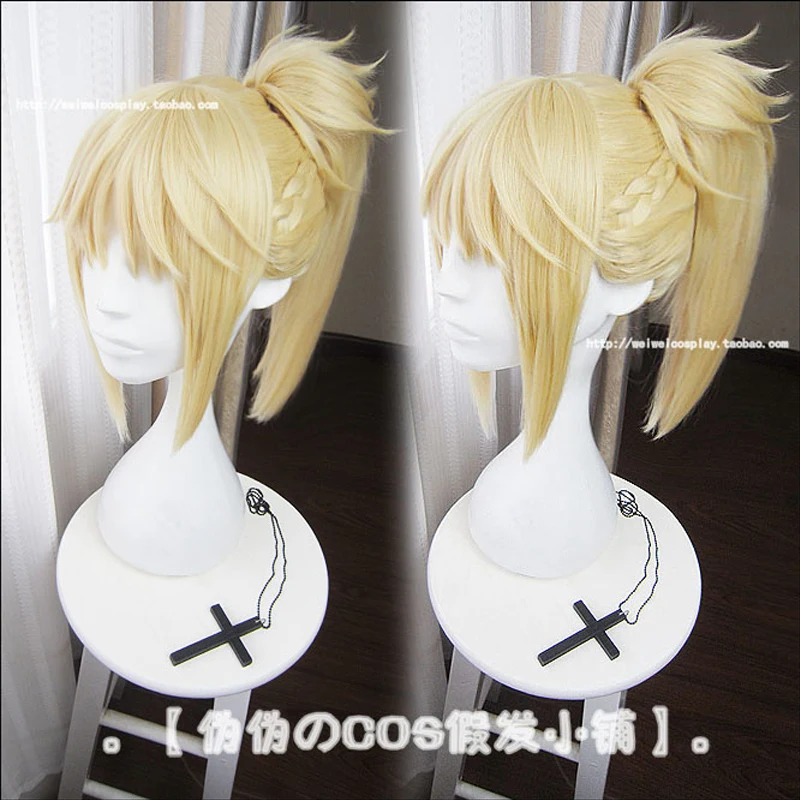 Gra Fate Apocrypha Mordred peruka do cosplay 40cm długi jasny złoty żaroodporne syntetyczne peruki do włosów + czapka z peruką