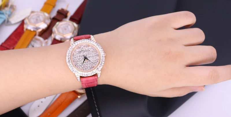 ¡Oferta! Melissa-reloj con cristales para hombre y mujer, pulsera de cuero, sin horario, caja de regalo