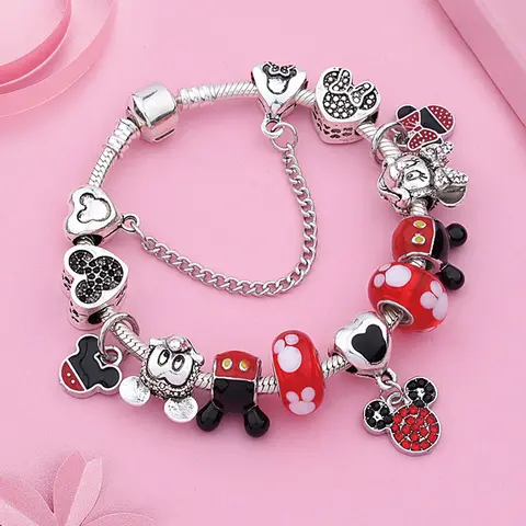 Dropshipping Classic Hot Red Crystal Mickey Minnie Charm Bracelet Silver Color Cartoon Animal Heart Bead Bracelet Pulsera