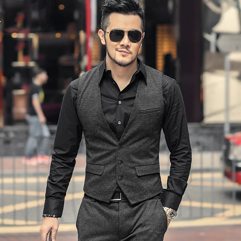 

New Spring Men Business Casual Striped Vest V-Neck Single Breasted Sleeveless Suit Jacket Gray Slim Short Waistcoat Male S M