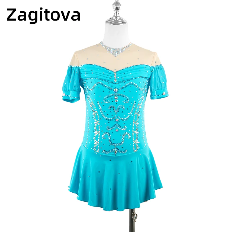 Figure Skating Dress Women Girls  Rhinestones Competitions Dress Teens Kids Princess Performance Level Examination Blue Skirt