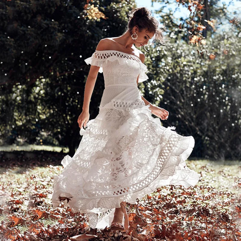 New Women Sexy Off Shoulder Hollow Out Bohemian Dress Fashion Pretty Lady Strapless Dress Floor-Length Sheath Lace Ruffles Dress