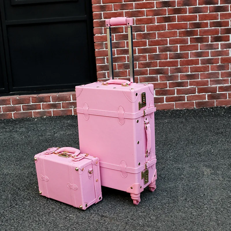 High Quality PU Leather Trolley Luggage Lovely Full Pink Vintage Suitcase set on Wheels for Women Retro cabin Suitcase Girls