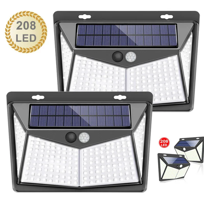 Luz solar ao ar livre sensor de movimento luz indução do corpo humano bateria jardim decoração parede luz 208led integrado luz rua