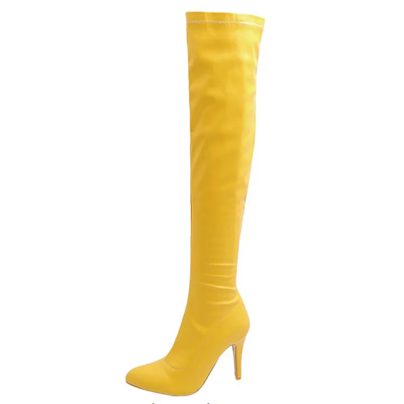 Sgesvier Soft Stretch PU Pink Yellow Blue Pointed Toe Spike High Heels Sexy Booties Over knees Thigh High Boots Big Size 47 48