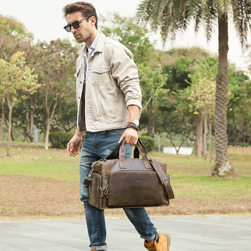 CONTACT'S Vintage Genuine Leather Luggage Bag Men Business Travel Bags For Men Luggage Large Capacity Totes Travel Shoulder Bag