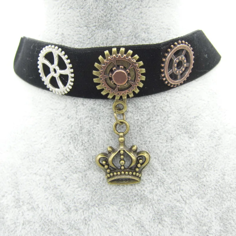 New Simple Style Black Farbic with DIY Vintage Gears Women`s Steampunk Velvet Choker