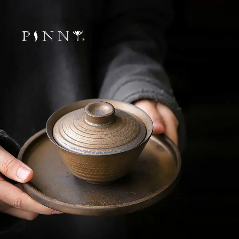 PINNY 130ML Ceramic Retro Gold Glaze Gaiwan Japanese Style Kung Fu Tea Tureen Thread Design Vintage Pigmented Drinkware