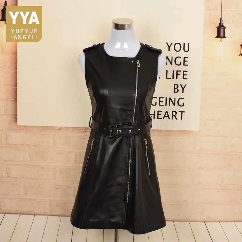 Women O-Neck Genuine Leather Dress Spring Autumn New Biker Sheepskin Short Dress Punk Style Sashes Zipper Sleeveless Tank Dress