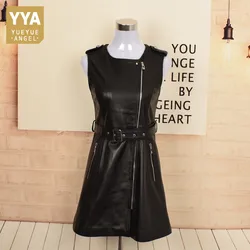 Women O-Neck Genuine Leather Dress Spring Autumn New Biker Sheepskin Short Dress Punk Style Sashes Zipper Sleeveless Tank Dress