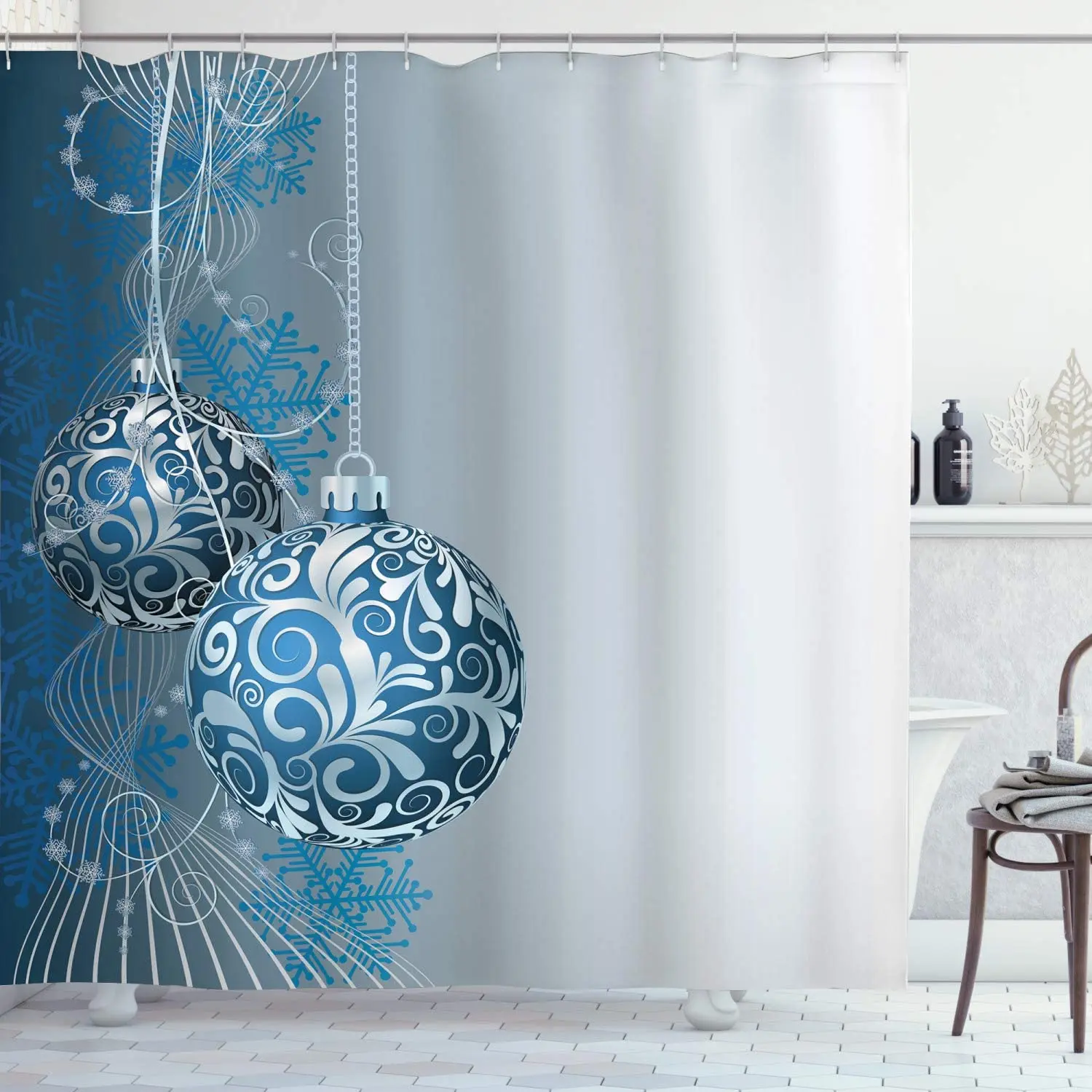 Christmas Shower Curtains Abstract Pattern Snowflake Motifs Curlicues on Baubles Season Cloth Fabric Xmas Bathroom Decor Set