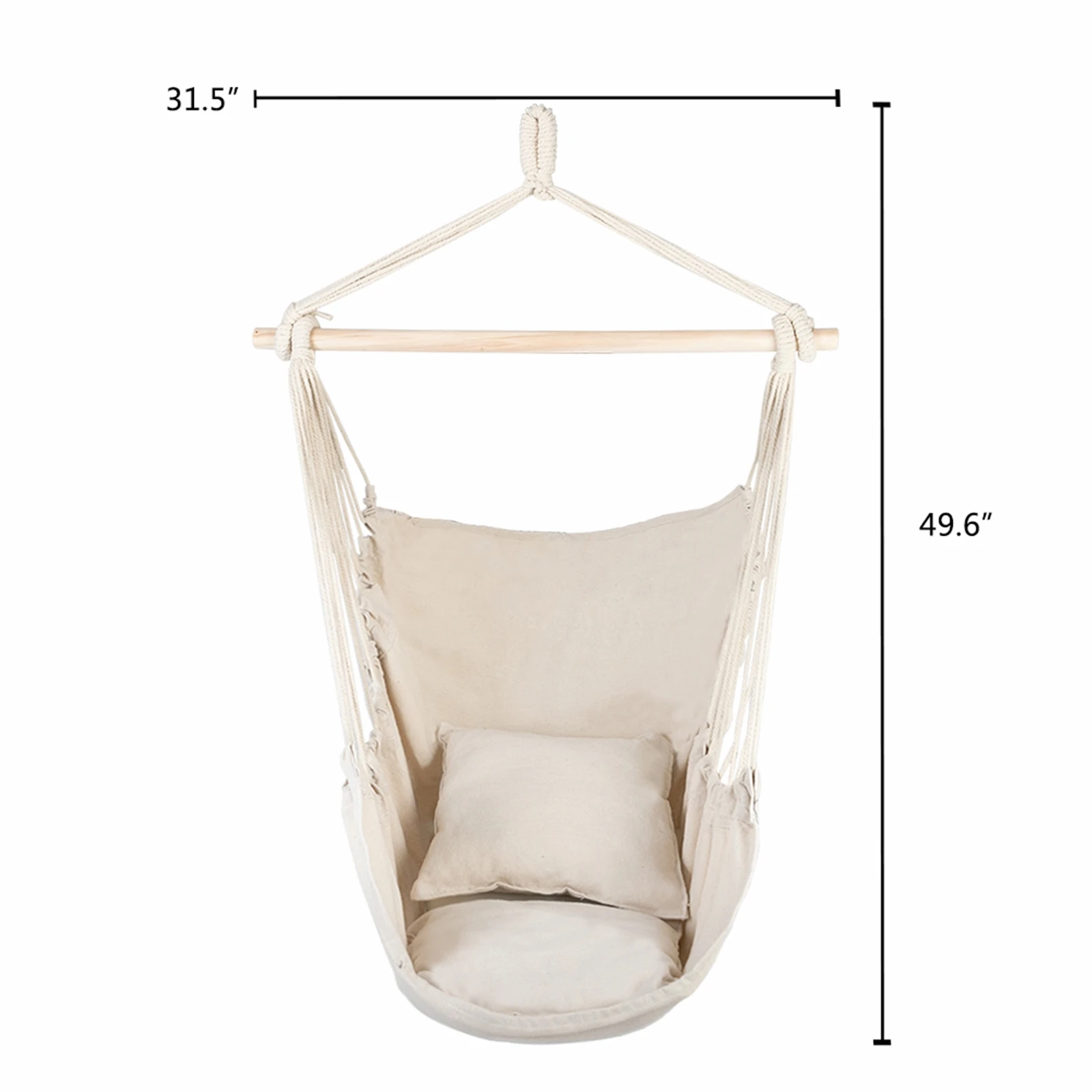 Distinctive Cotton Canvas Hanging Rope Chair with Pillows Beige Outdoor Hammock Garden Sports Home Travel Camping Swing