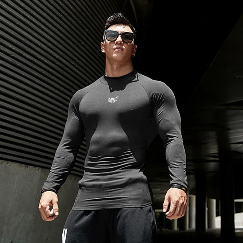 Compression Shirt Running Long Sleeve T-shirt Men Hight Collar Quick Dry Sportswear Elasticity Tight Bodybuilding Gym Clothing