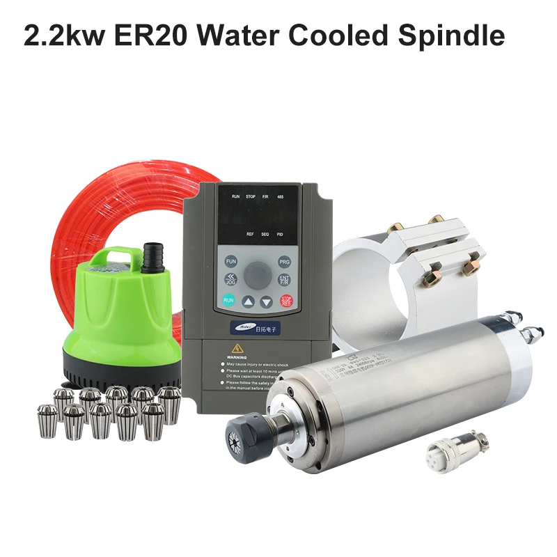 2.2kw ER20 Water-Cooled Spindle Kit CNC Spindle Motor 80*225&VFD Inverter&Submersible Pump&80mm Clamping Bracket CNC Router