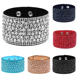 Louleur Wide Leather Crystal Bracelets & Bangles For Women Girls Handmade Female Charms Cuff Bracelet Wristband Party Jewelry