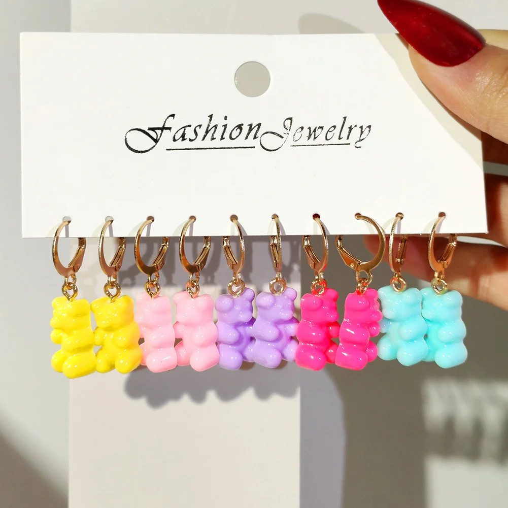 Candy Color Resin Bear Hoop Earrings For Women Rainbow Animal Huggie Earrings Set Cute Cartoon Earring Korean Y2K Jewelry 2022