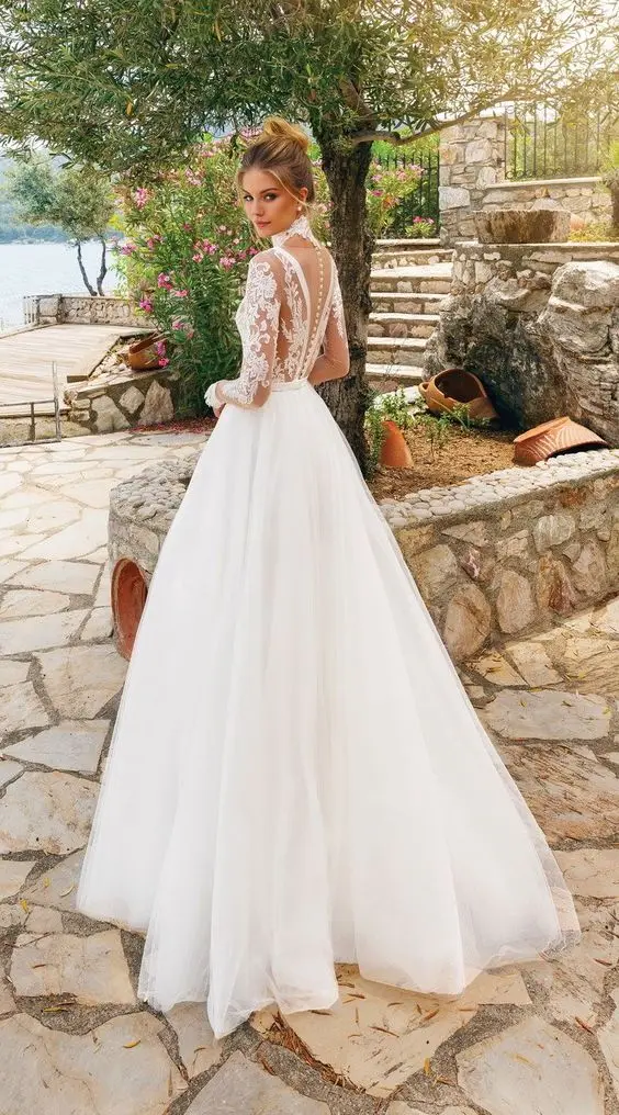 Robe de Mariée Longue Vintage, Manches sulf, Col Haut, Tulle en Dentelle Transparente, 2021