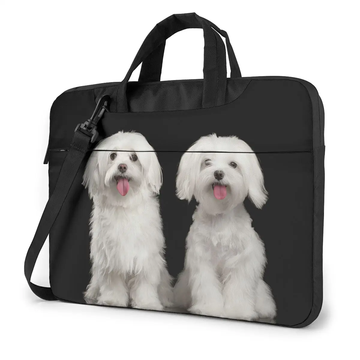 Two Happy White Maltese Dogs Sitting Laptop Bag Case Protective Vintage Computer Bag Bicycle Crossbody Laptop Pouch