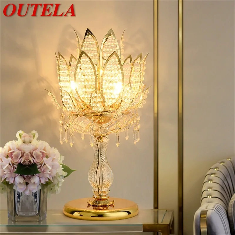 

OUTELA Luxury Gold Table Lamps Contemporary LED Creative Crystal Desk Light Lotus for Home Bedroom Decoration