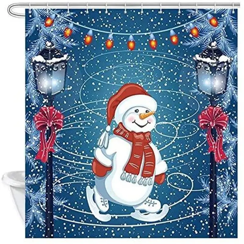 Blue Christmas Shower Curtains Winter Snowman Holiday Season Snowflake Xmas Tree Pine Branches Cloth Bath Curtain Bathroom Decor