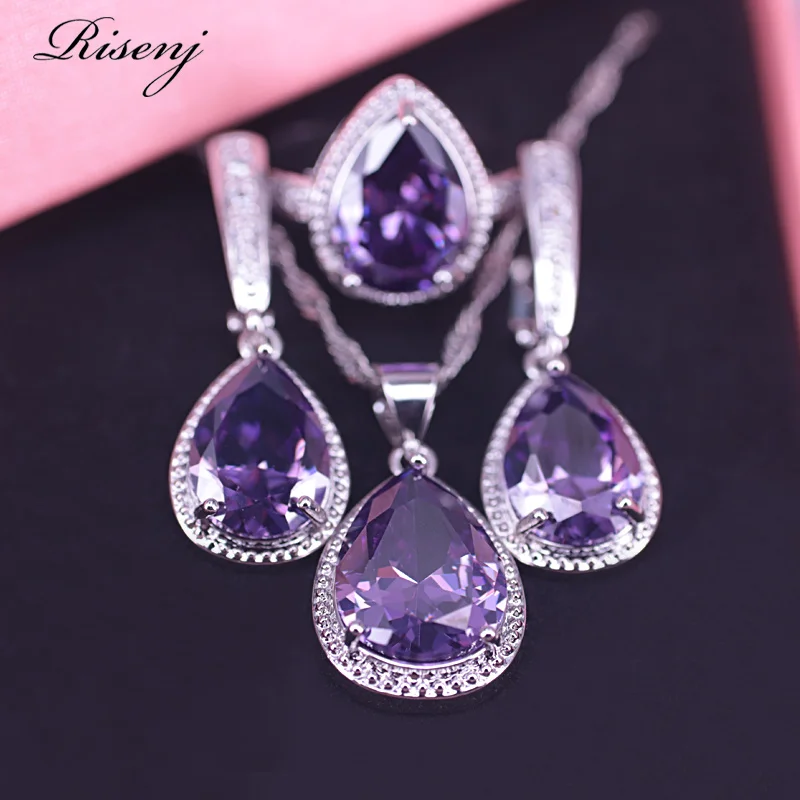 Many Colors Purple Crystal Silver Color Jewelry Big Water Drop Square Bridal Jewelry Earrings Necklace Ring Set