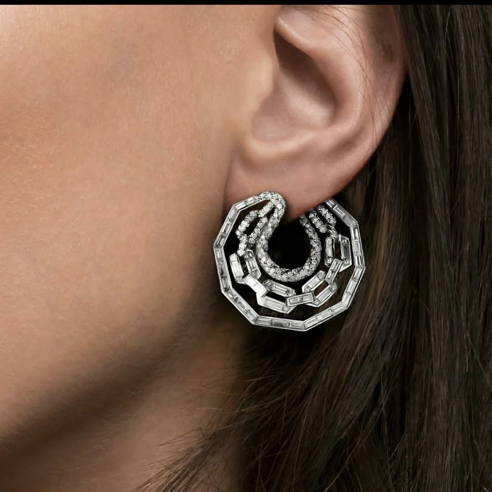 

HIBRIDE Luxury 3 Rows Geometric Stud Earring For Women Wedding Luxury Full Cubic Zircon Dubai Bridal Jewelry E-650
