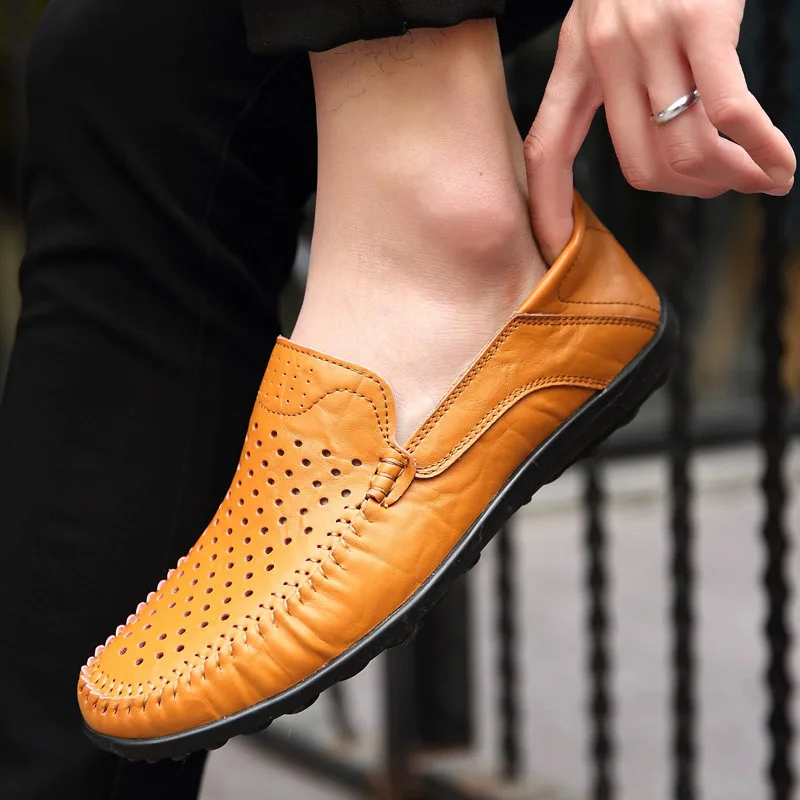 Mocasines informales de cuero para hombre, zapatos planos cómodos, transpirables, de alta calidad, a la moda, para primavera