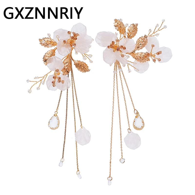 GXZNNRIY Handmade Shell Flower Earrings for Women Accessories Crystal Bridal Wedding Drop Earring 2021 Bride Party Jewelry Gifts