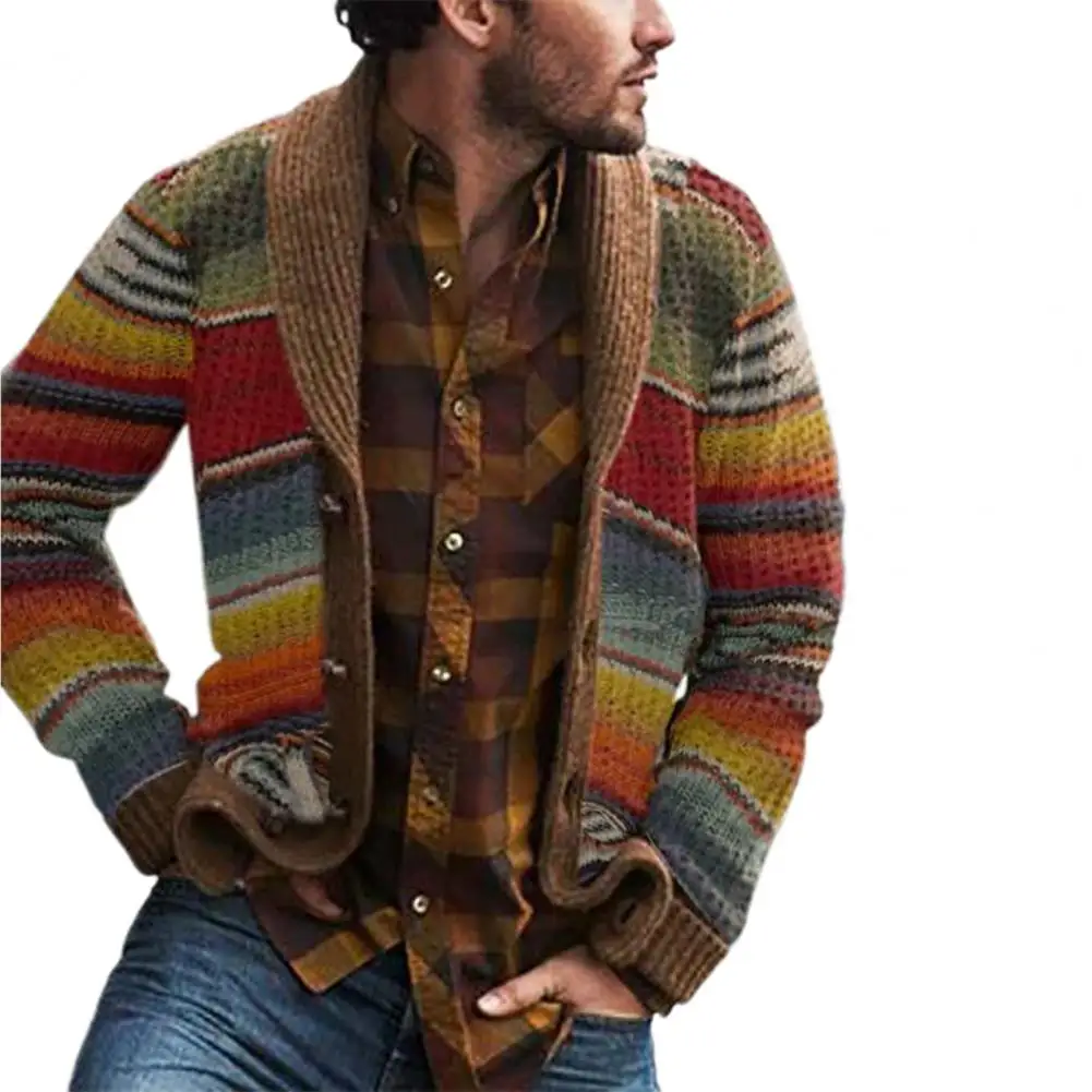 Western Style Sweater Cardigan Men's Knitwear Autumn Color Block Rainbow Striped Sweater Tops Men's Cardigans 2020 new