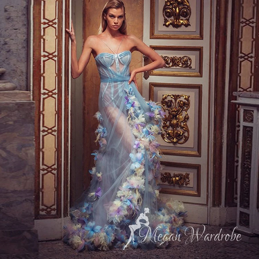 Beauty See Thru 3D Flower Long Prom Dresses With Side High Split Floral Sweetheart Mermaid Prom Gowns Celebrity Formal Dresses