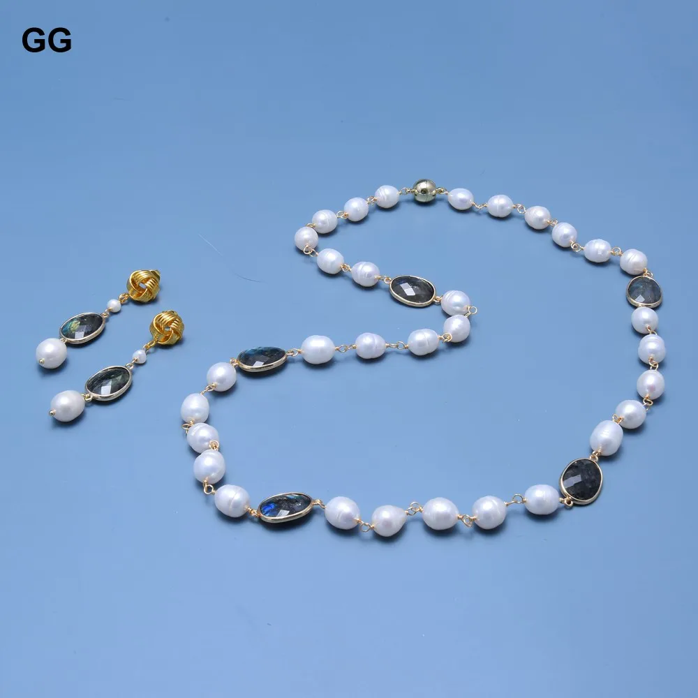 GuaiGuai Jewelry Natural White Rice Pearl Rosary Chain Labradorite Bezel Set Sweater chain Necklace Earrings Sets For Women