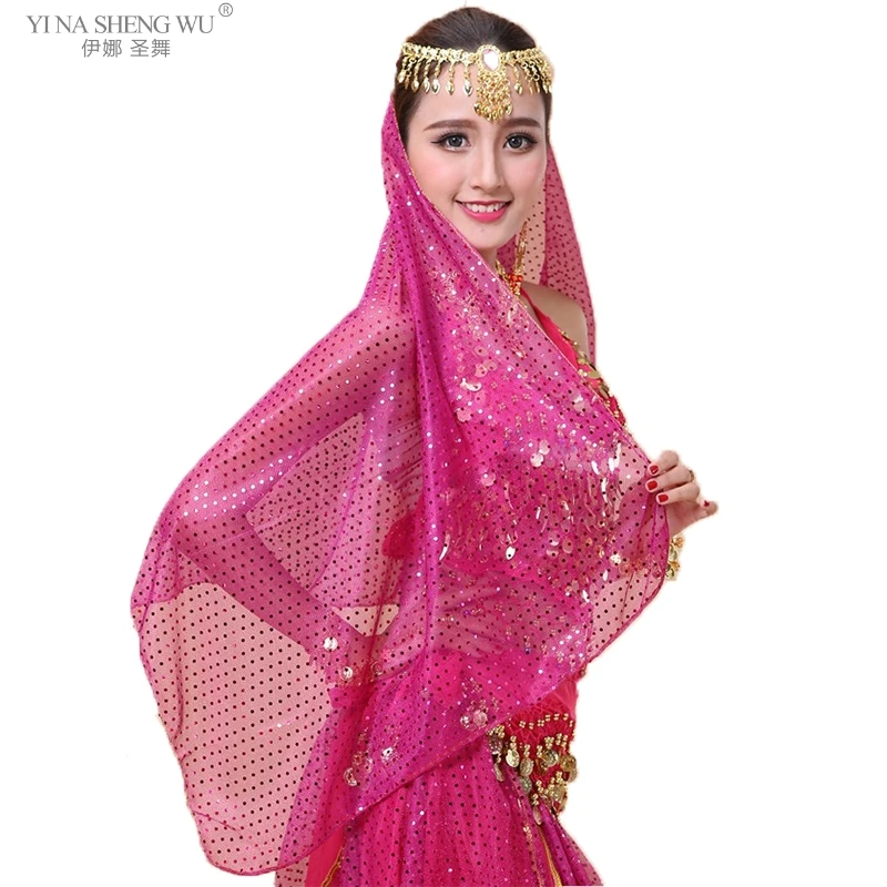 Women Belly Dance Scarf Gold Coins Bright Spot Veil Girls Belly Dance Head Scarf Veils Dance Accessories Indian Costumes 6 Color