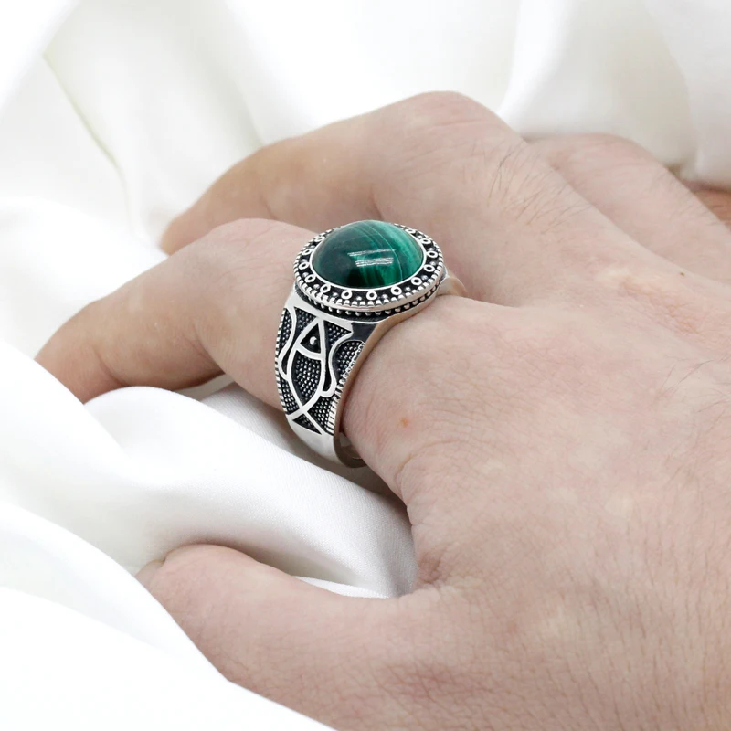 Natural stone pure 925 sterling silver antique Turkish ring, malachite men\'s agate color punk rock jewelry