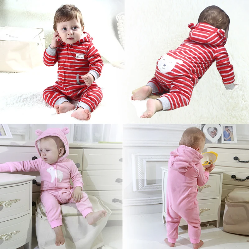 New Born Baby romper 2024 Spring Fall Warm Hooded Floral Cartoon Stripe Fleece Newborn Infant Baby Pajamas Sleepwear Playsuit