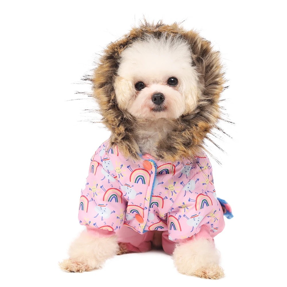 Hooded Cotton Jacket for Pets, Warm Winter Coat, Dog Clothes, Cat and Puppy, Rainbow Pattern, Jumpsuit for Small Dogs, S-XL